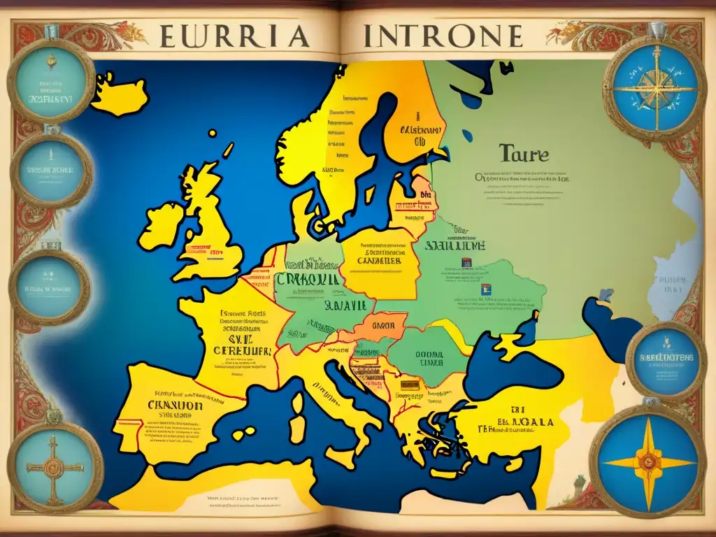 Un mapa vintage de Europa con árboles genealógicos entrelazados, representando apellidos europeos de las Cruzadas