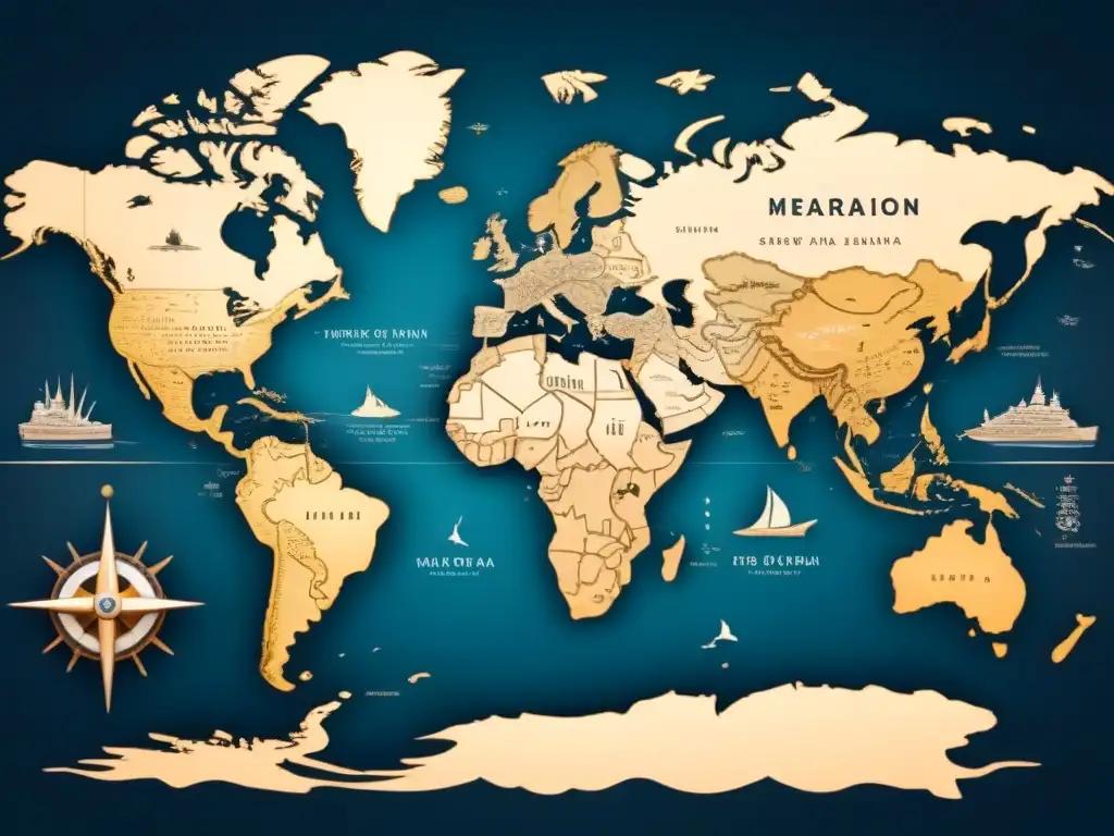 Mapa vintage en blanco y negro con rutas de migración de apellidos y símbolos culturales en caligrafía elegante