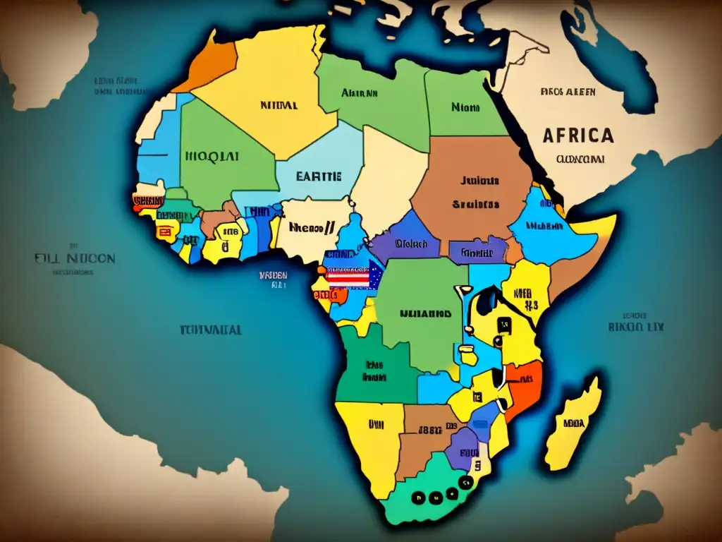 Mapa vintage de África mostrando el cambio de apellidos en la época colonial, con detalles culturales y cambios históricos en las regiones