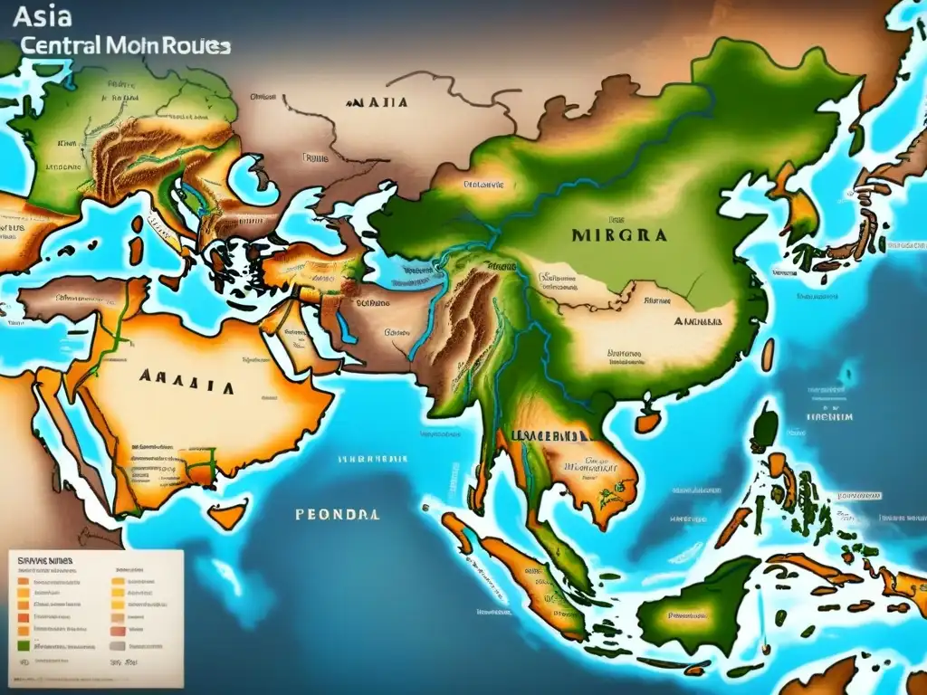 Mapa vintage de Asia Central con rutas migratorias uigures, detallando ciudades y sitios culturales