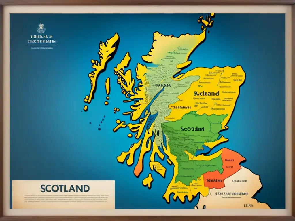 Mapa vintage de Escocia con clanes y tartanes, conectando historia apellidos escoceses genealogía