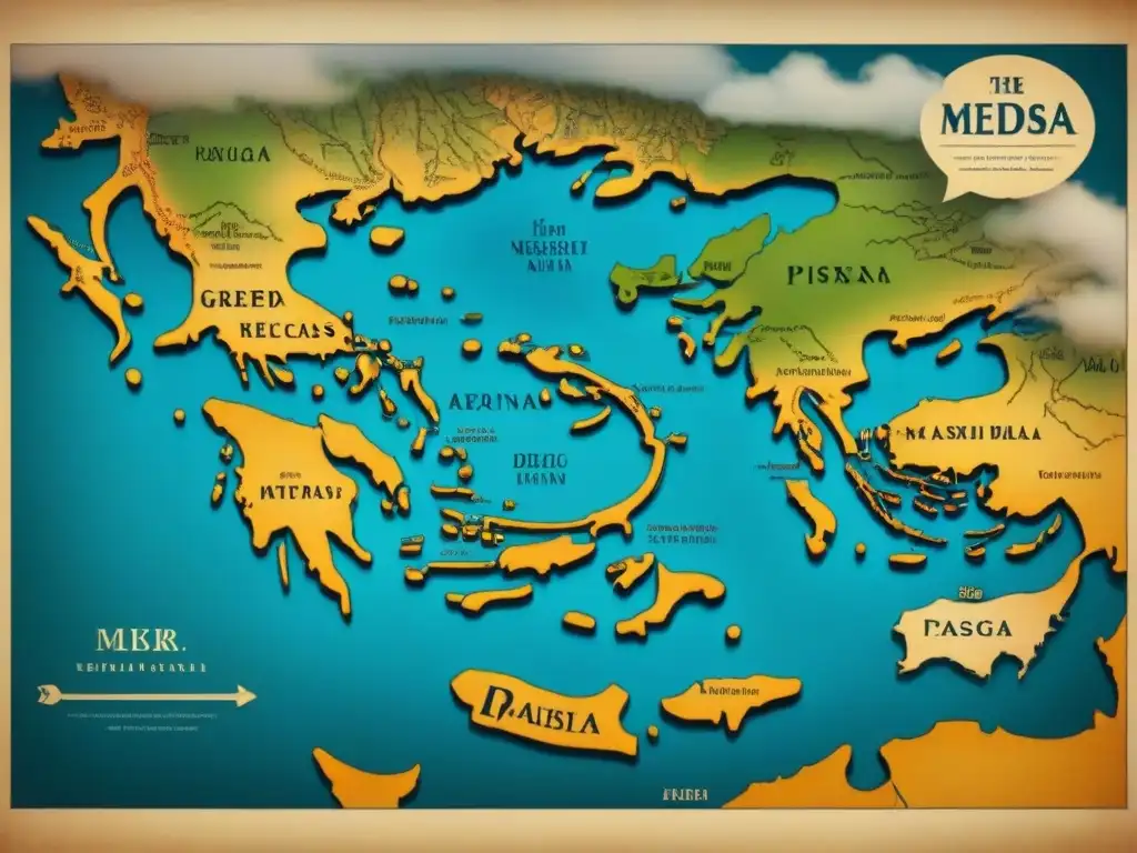 Mapa vintage de Grecia con criaturas mitológicas como Medusa y Pegaso, perfecto para explorar el origen de apellidos griegos