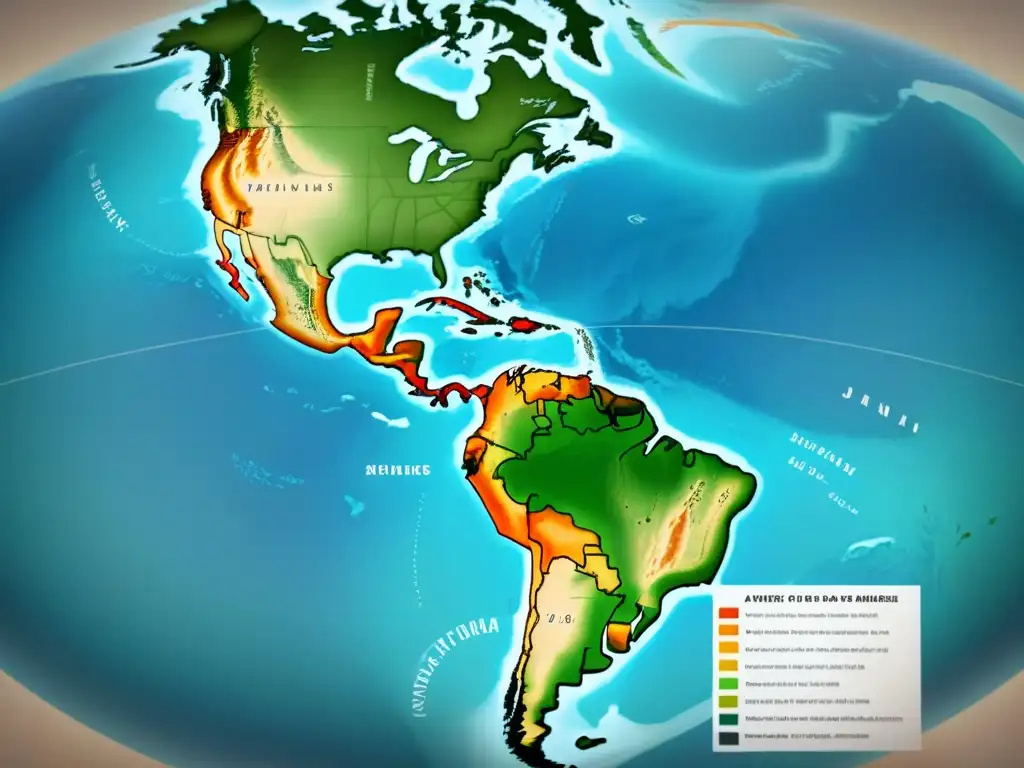 Mapa vintage detallado de las Américas con orígenes y migraciones de apellidos