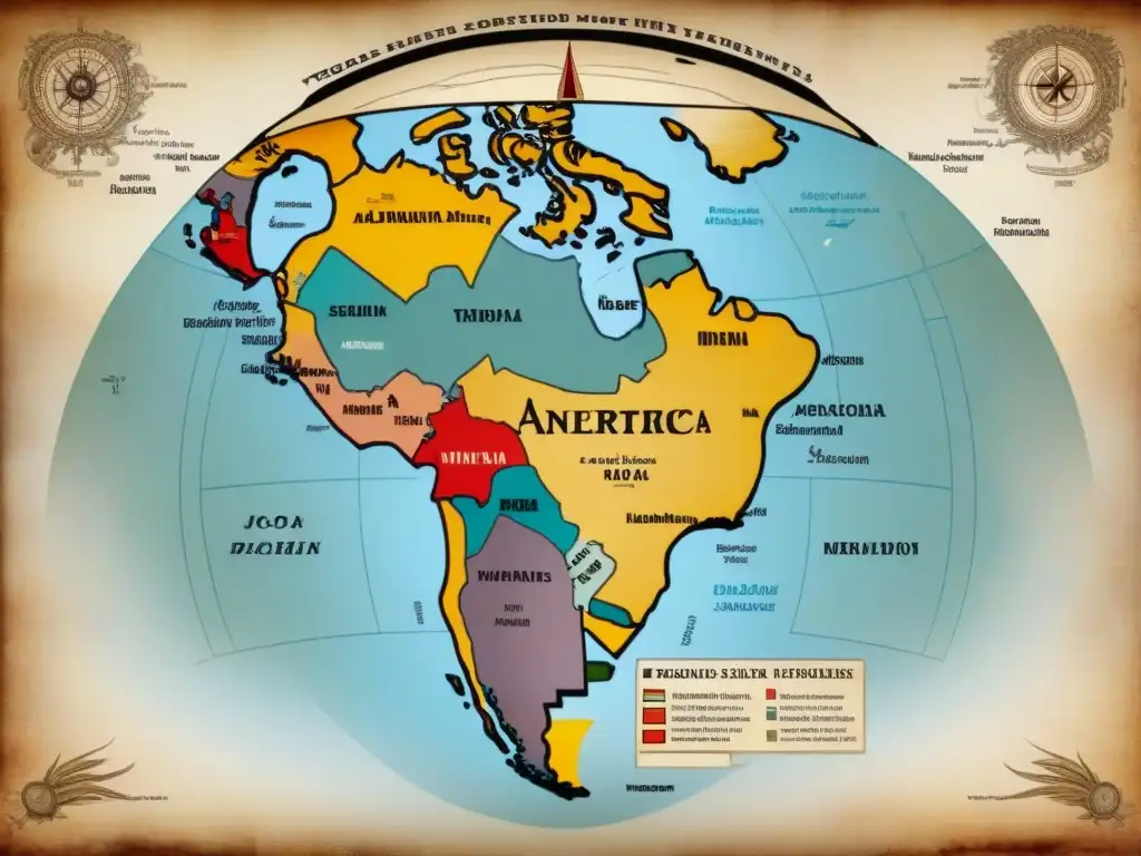 Mapa vintage detallado de las Américas, con territorios tribales indígenas y símbolos ancestrales