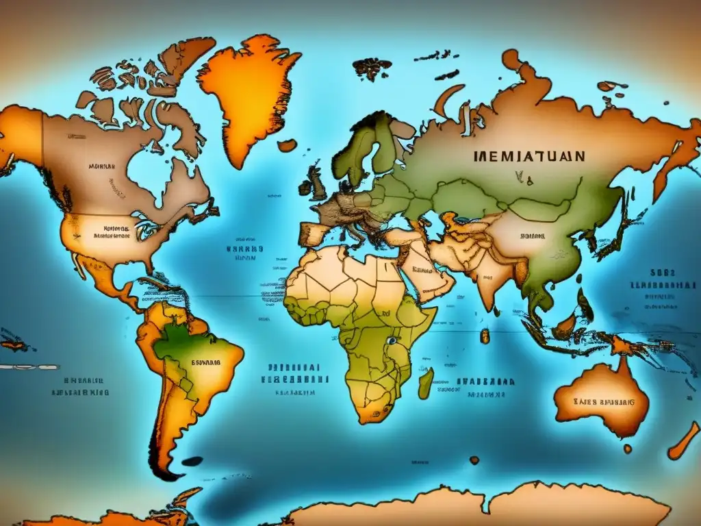 Mapa vintage detallado de migración ancestral, rutas y destinos marcados en sepia