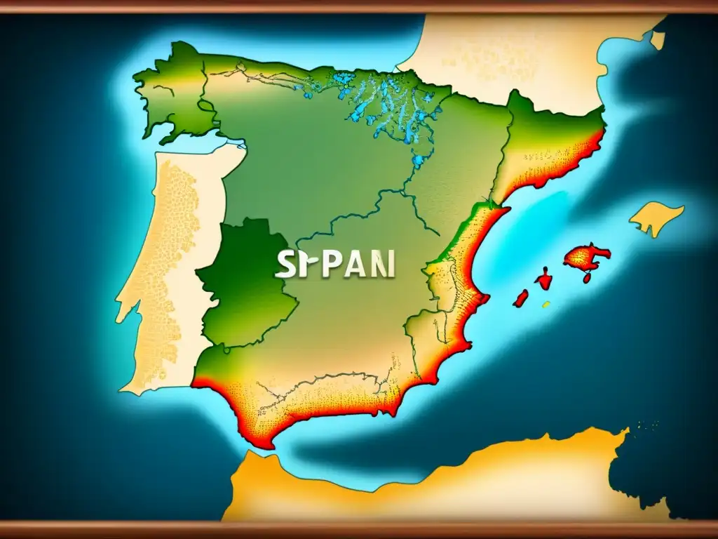 Mapa vintage detallado de España mostrando la evolución del apellido Ibáñez a lo largo de diferentes regiones y épocas, con caligrafía intrincada etiquetando puntos históricos significativos