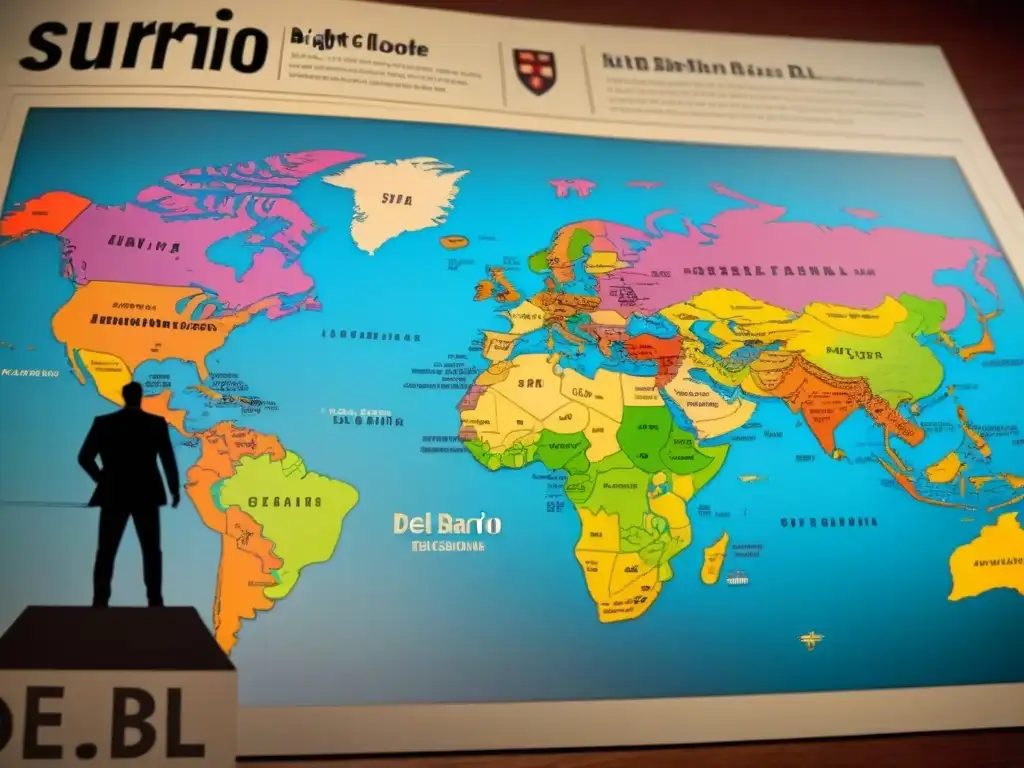 Mapa vintage detallado de la dispersión del apellido 'Del Barrio' en el mundo con símbolos tradicionales y colores representativos de orígenes comunitarios