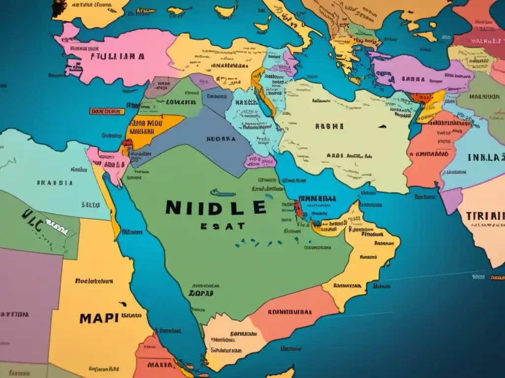 Mapa vintage detallado del Medio Oriente con evolución de apellidos en el siglo XX, destacando fusión y colonialismo en nombres