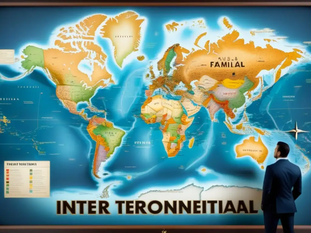 Mapa vintage de conexiones intercontinentales entre apellidos Mapa vintage detallado con apellidos que vinculan culturas de continentes lejanos