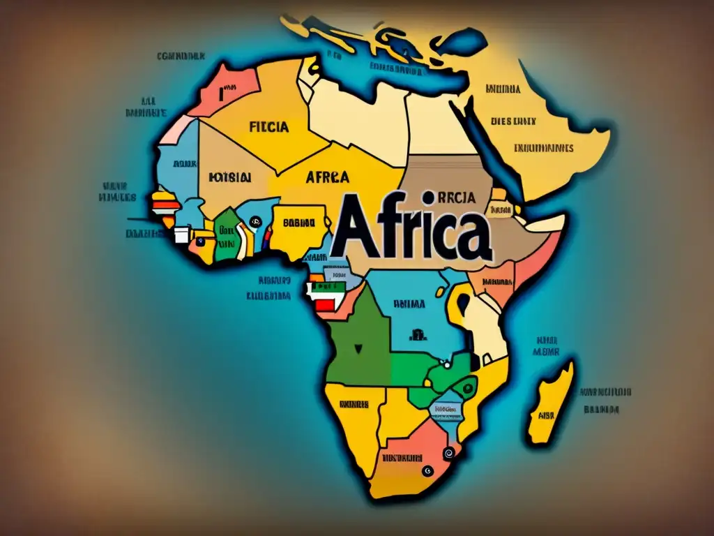 Un mapa vintage detallado de África con apellidos africanos en caligrafía elegante, transmitiendo la rica historia de apellidos africanos