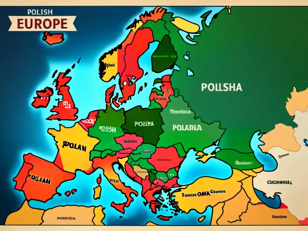 Mapa vintage detallado de Europa con distribución de apellidos polacos, caligrafía intrincada y tonos históricos