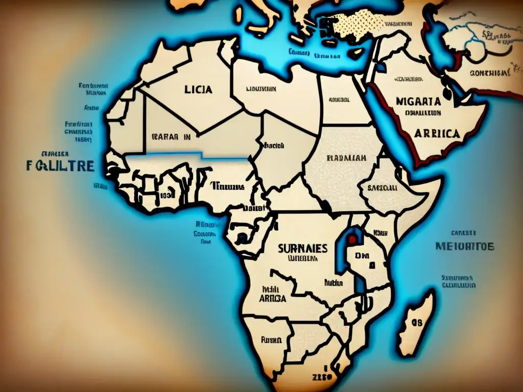 Mapa vintage detallado de África, resaltando la evolución de apellidos y migraciones