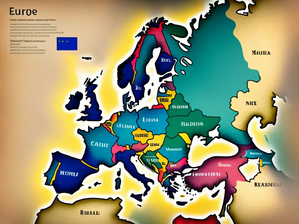 Mapa vintage detallado de Europa con evolución de apellidos y decoración de escudos familiares