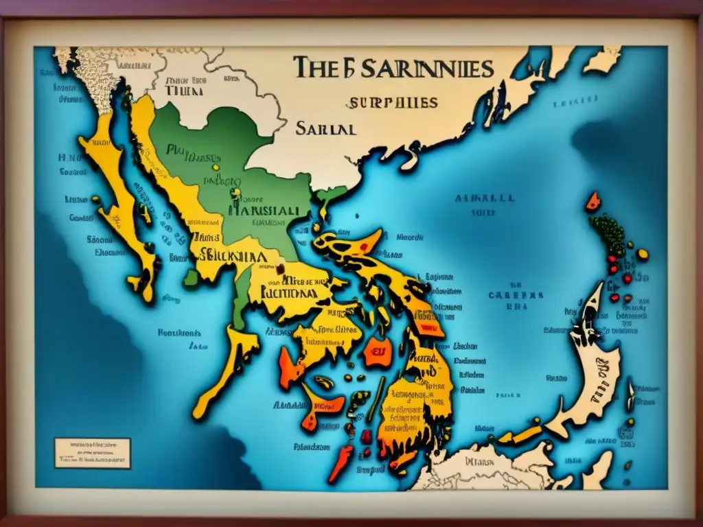 Mapa vintage detallado de Filipinas con evolución de apellidos españoles, chinos y nativos