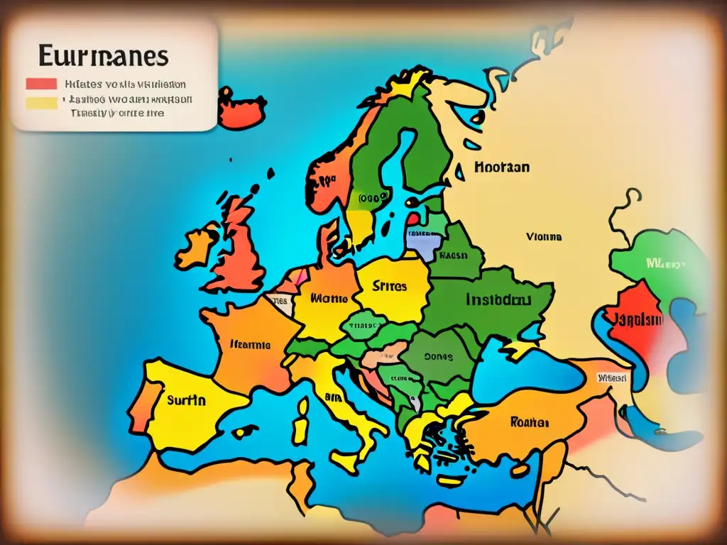 Mapa vintage detallado de Europa, historia apellidos europeos evolución, con caligrafía y líneas que reflejan migraciones