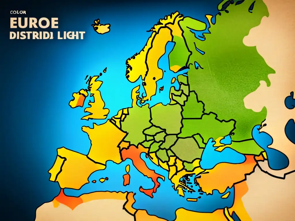 Mapa vintage detallado de Europa con distribución de apellidos en diferentes regiones, caligrafía intrincada y textura envejecida