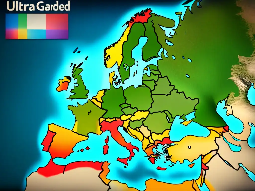 Mapa vintage detallado de Europa con distribución de apellidos, caligrafía intrincada y colores evocadores de historia