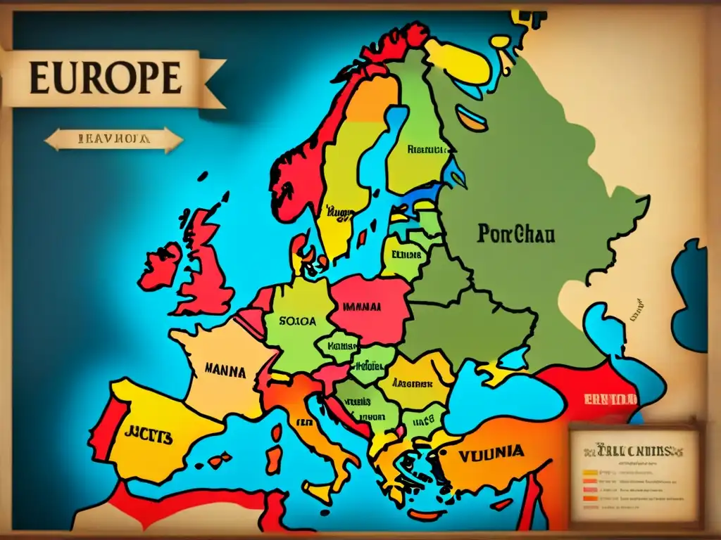 Mapa vintage detallado de Europa con distribución de apellidos nobles, caligrafía intrincada y colores desgastados