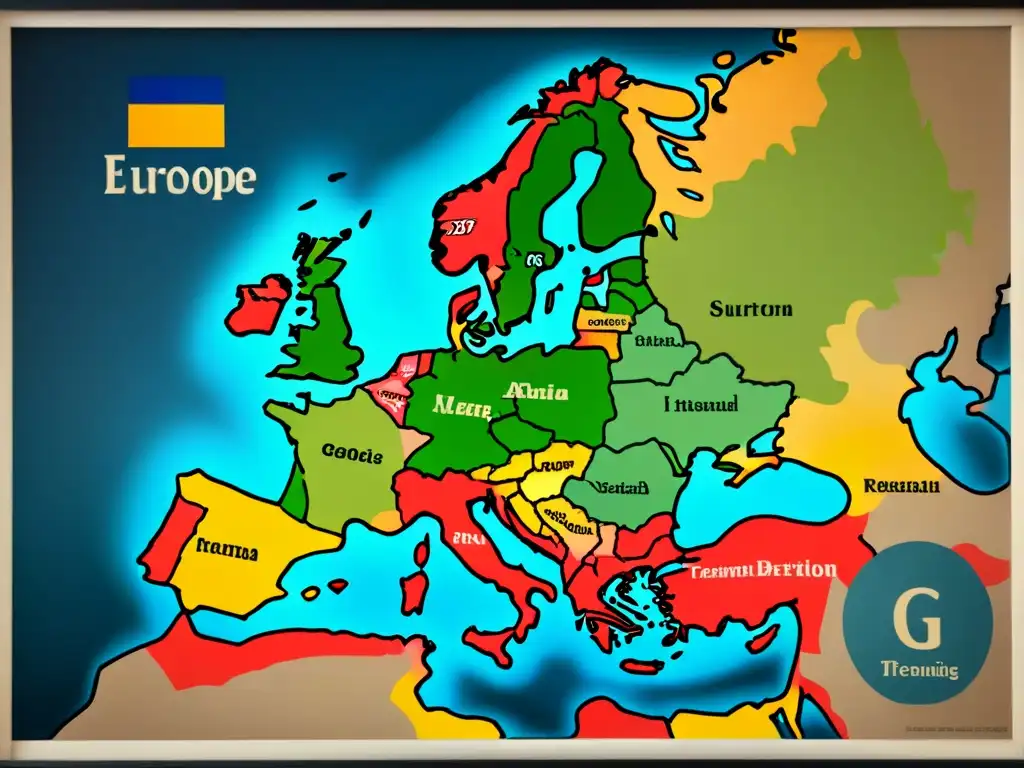 Mapa vintage detallado de Europa con la evolución de apellidos con G en diversas culturas