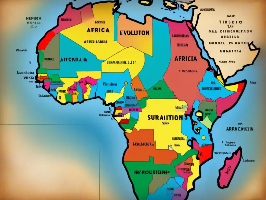 Mapa vintage detallado de África, resaltando la evolución de apellidos en tribus y regiones, evocando historia y cultura africana