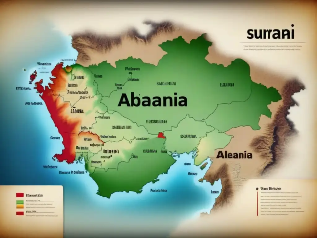 Un mapa vintage detallado de la distribución histórica de apellidos albaneses en los Balcanes, con caligrafía y tonos terrosos que simbolizan su profunda historia y significado cultural