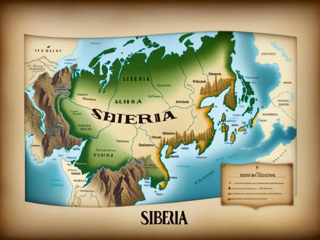 Mapa vintage detallado de Siberia con apellidos raros, evocando historias ocultas