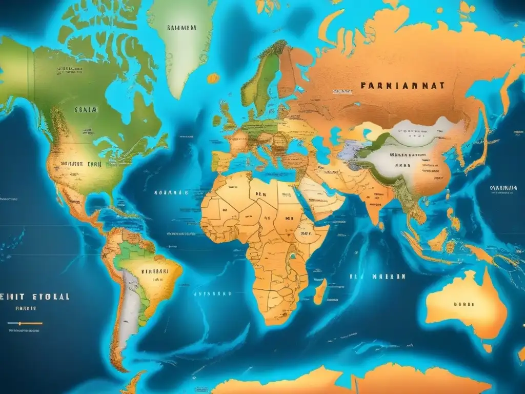 Mapa vintage detallado de migración de apellidos en diferentes continentes Mapa vintage detallado mostrando la evolución de apellidos por inmigración en diferentes continentes