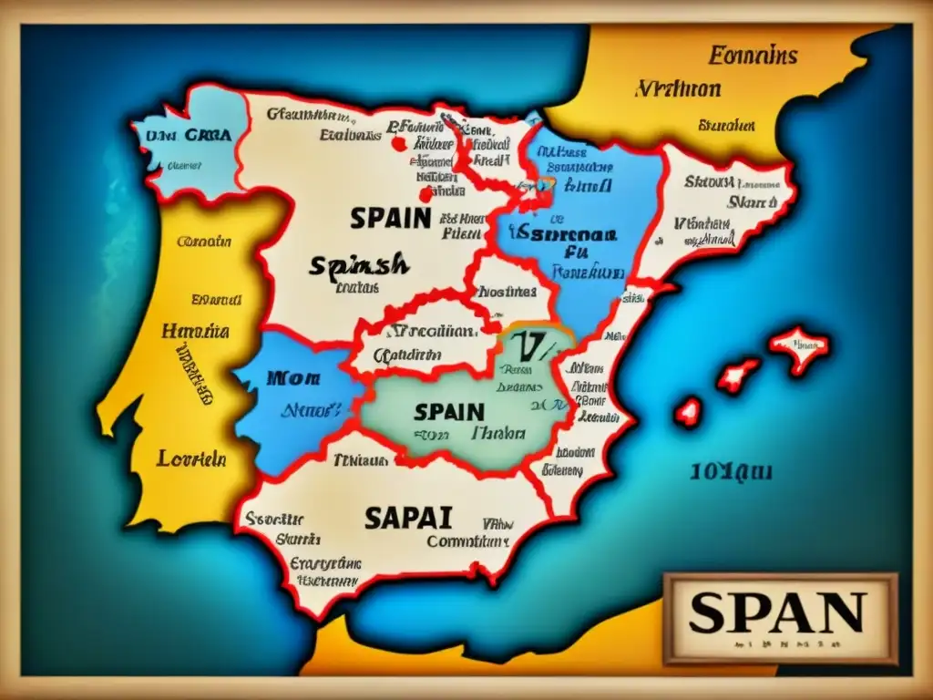 Mapa vintage detallado de España con evolución de apellidos por regiones y épocas, destacando historias surnames