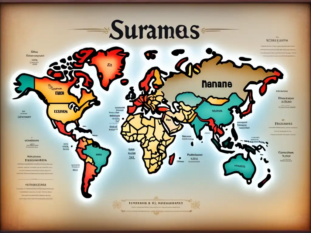 Mapa vintage detallado mostrando la evolución de apellidos, con caligrafía elegante