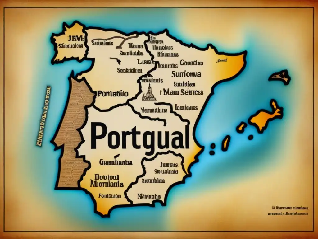 Mapa vintage detallado de la evolución de apellidos portugueses con ilustraciones de escudos y monumentos