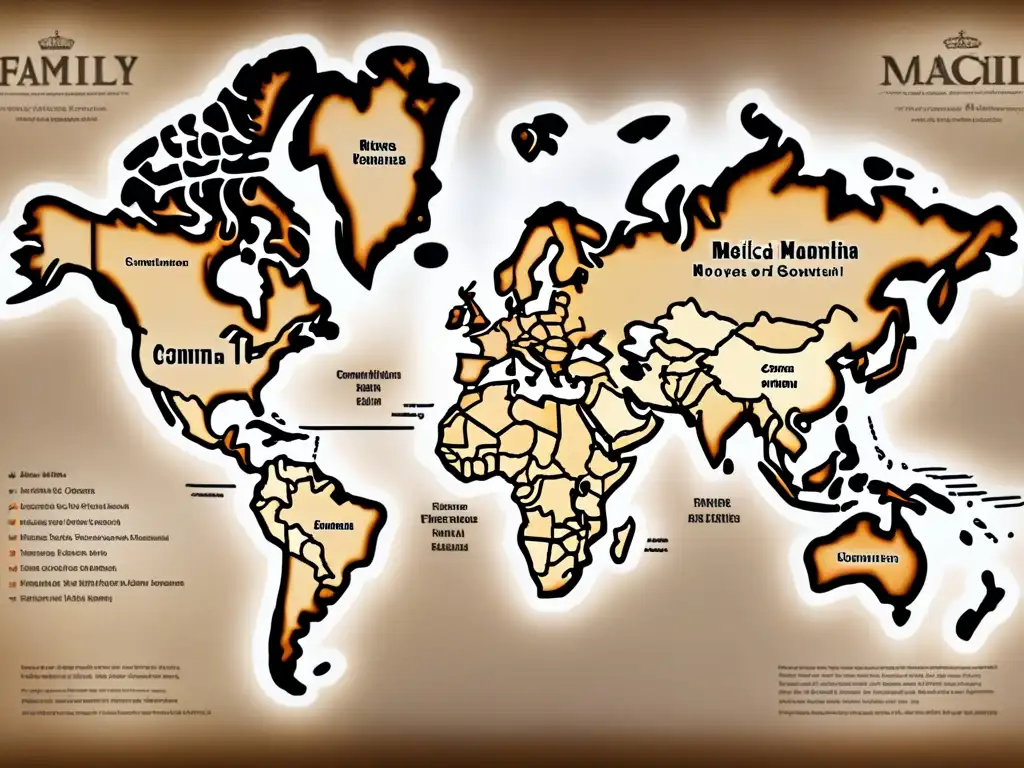 Mapa vintage detallado de apellidos con impacto económico historia, con tonos sepia resaltando regiones y surnames prominentes