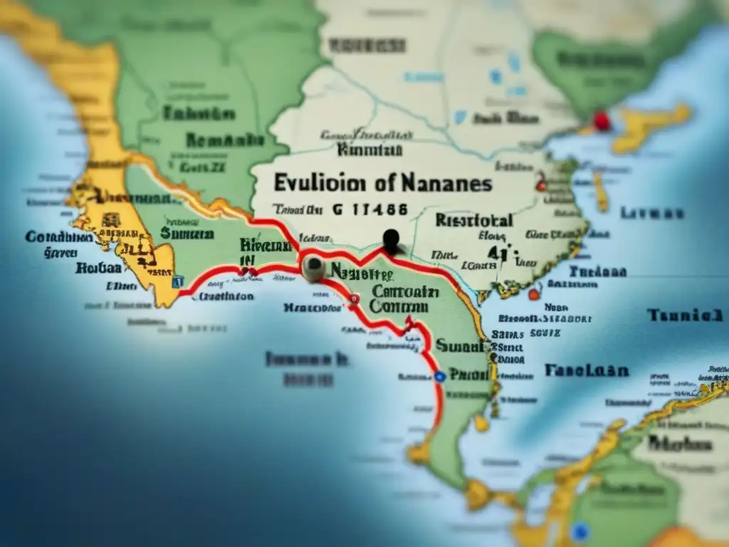 Un mapa vintage detallado con la evolución de apellidos con letra G, destacando orígenes y conexiones a identidades nacionales