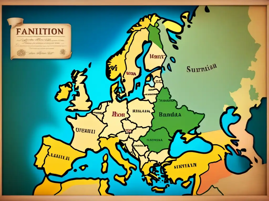 Un mapa vintage detallado de Europa con árboles genealógicos entrelazados, destacando la distribución de apellidos en Europa