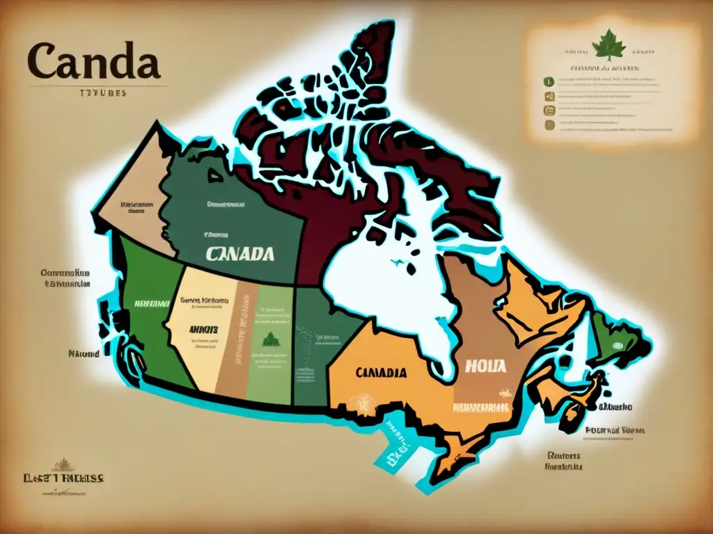 Un mapa vintage detallado de Canadá con árboles genealógicos entrelazados, simbolizando la compleja historia de apellidos canadienses influencias