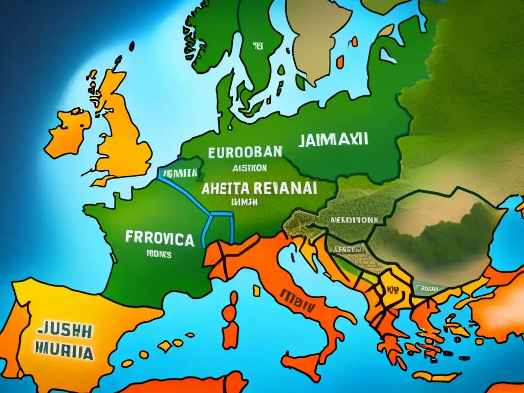 Un mapa vintage detallado de Europa del Este con árboles genealógicos conectados, mostrando la historia de apellidos judíos ashkenazí