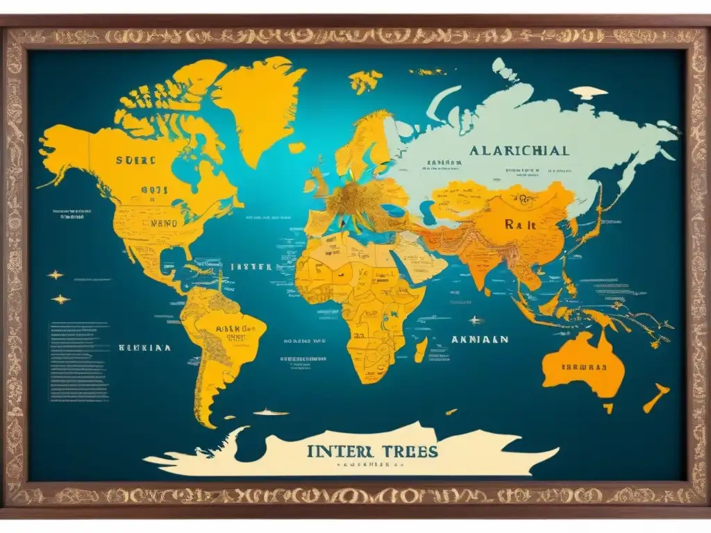 Mapa genealógico vintage: ramas culturales entrelazadas Mapa vintage detallado con árboles genealógicos entrelazados que unen culturas de continentes lejanos