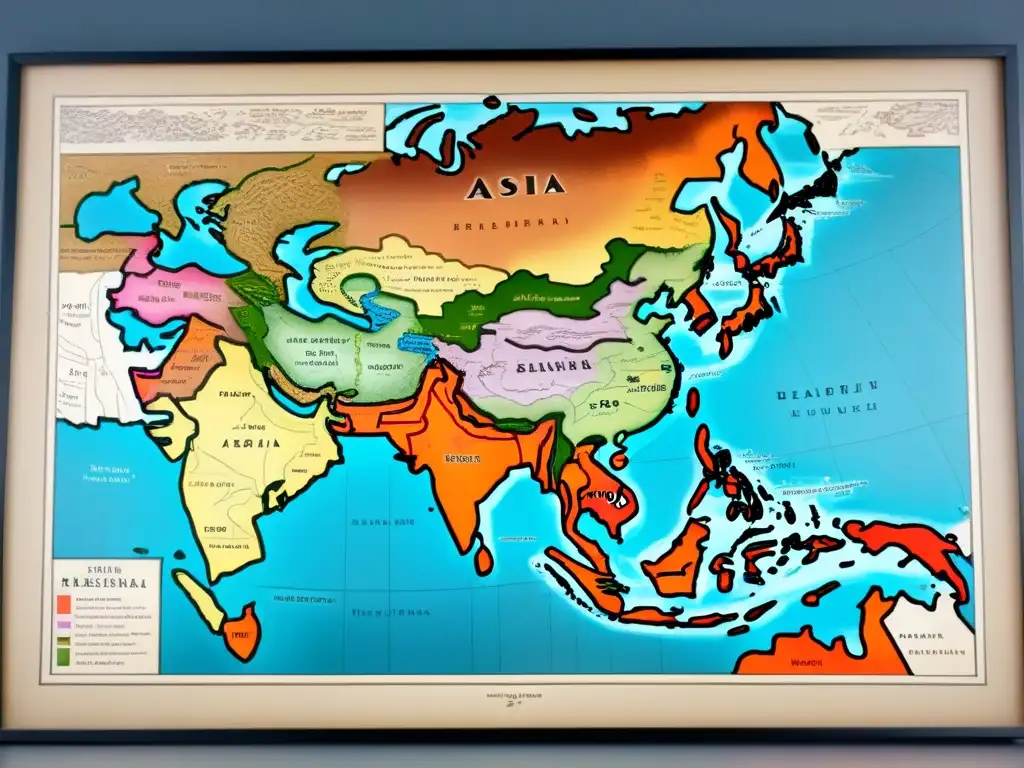 Mapa vintage detallado de Asia con arquitectura tradicional, paisajes y símbolos culturales