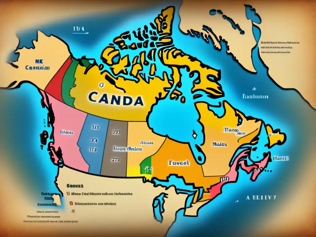 Mapa vintage detallado de Canadá con asentamientos franceses y migraciones de colonos en los siglos XVII y XVIII