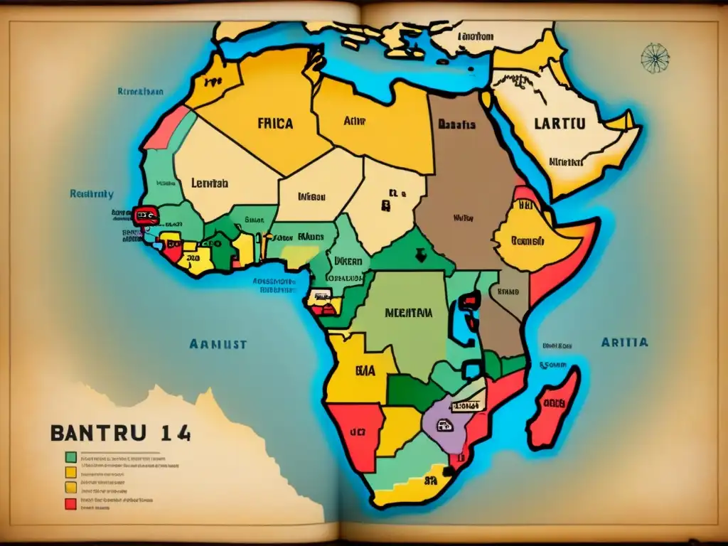 Mapa vintage detallado de África austral con patrones migratorios de tribus Bantúes y símbolos culturales Bantúes