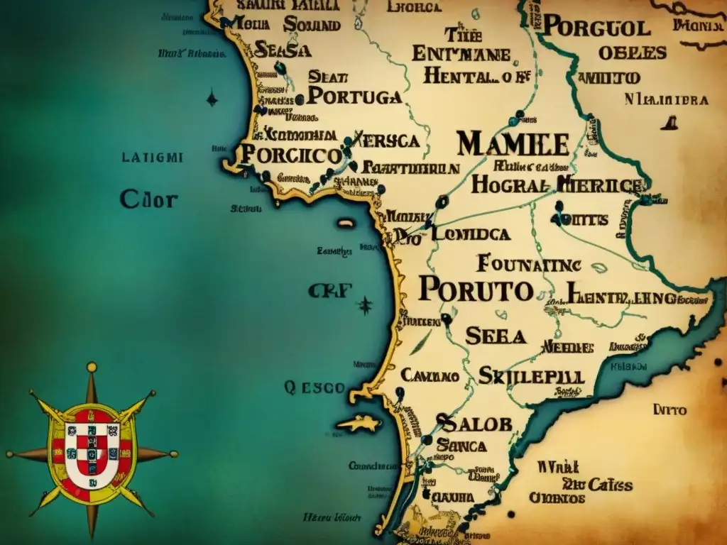 Mapa vintage detallado de Portugal, rutas marítimas y barcos históricos en pergamino envejecido