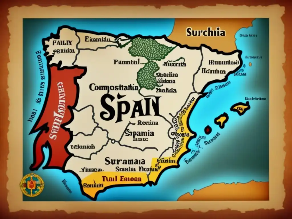 Mapa vintage detallado de España con caligrafía, crestas familiares y tonos sepia