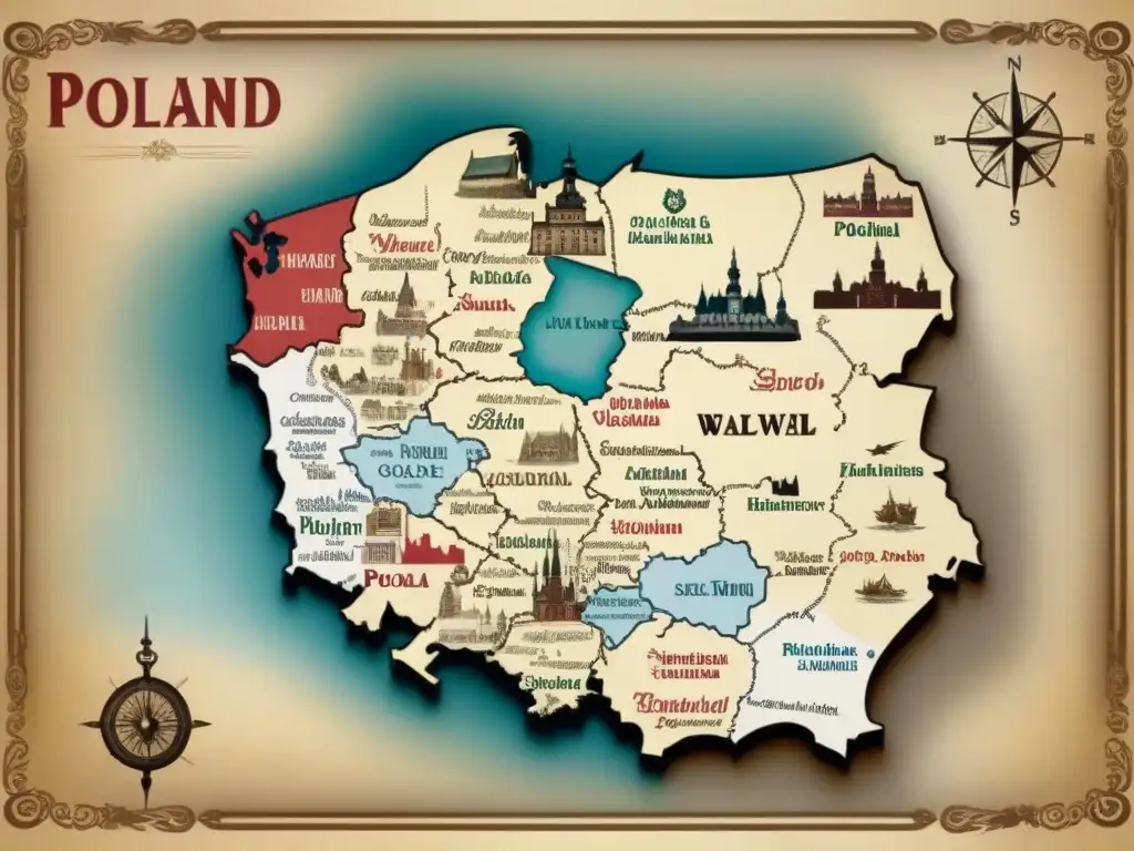 Mapa vintage detallado de Polonia con caligrafía polaca, ilustraciones históricas y motivos de arte folclórico