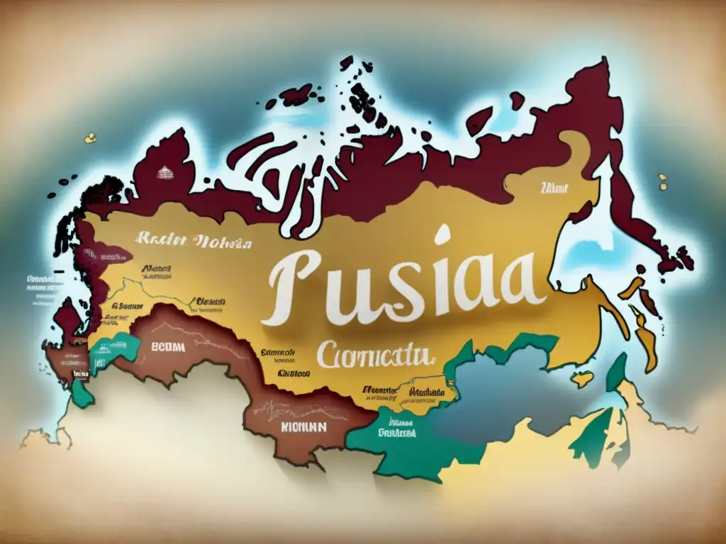 Un mapa vintage detallado de Rusia con caligrafía mostrando apellidos rusos y su relación con la historia y geografía del país