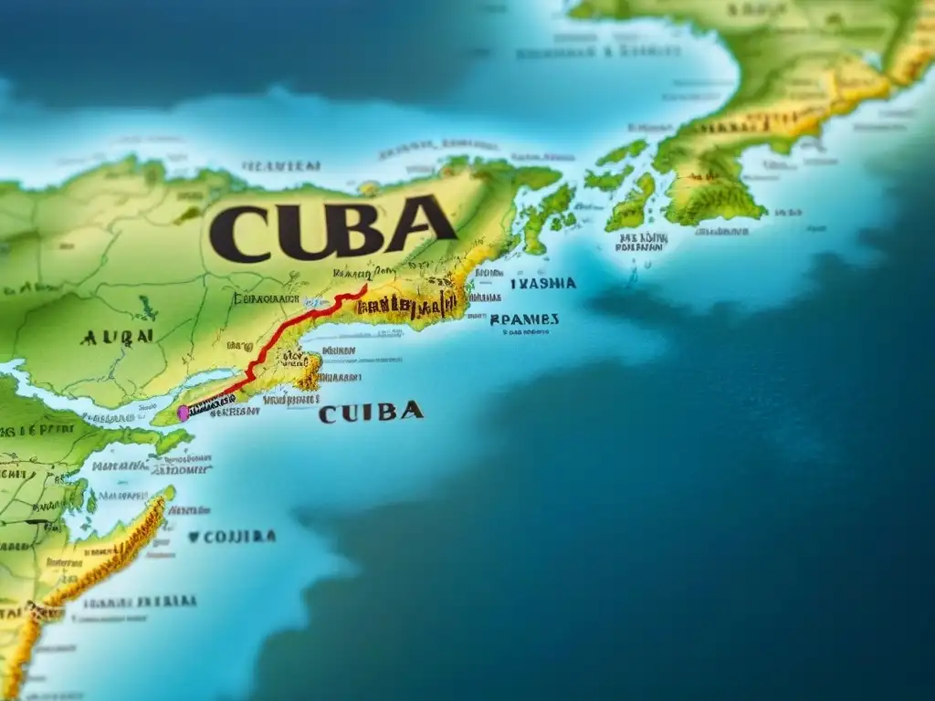 Un mapa vintage detallado de Cuba con caligrafía intrincada, colores desgastados y un aire histórico, conectando el origen de apellidos cubanos