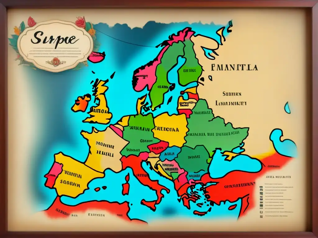 Mapa vintage detallado de Europa con caligrafía, escudos familiares y monumentos históricos