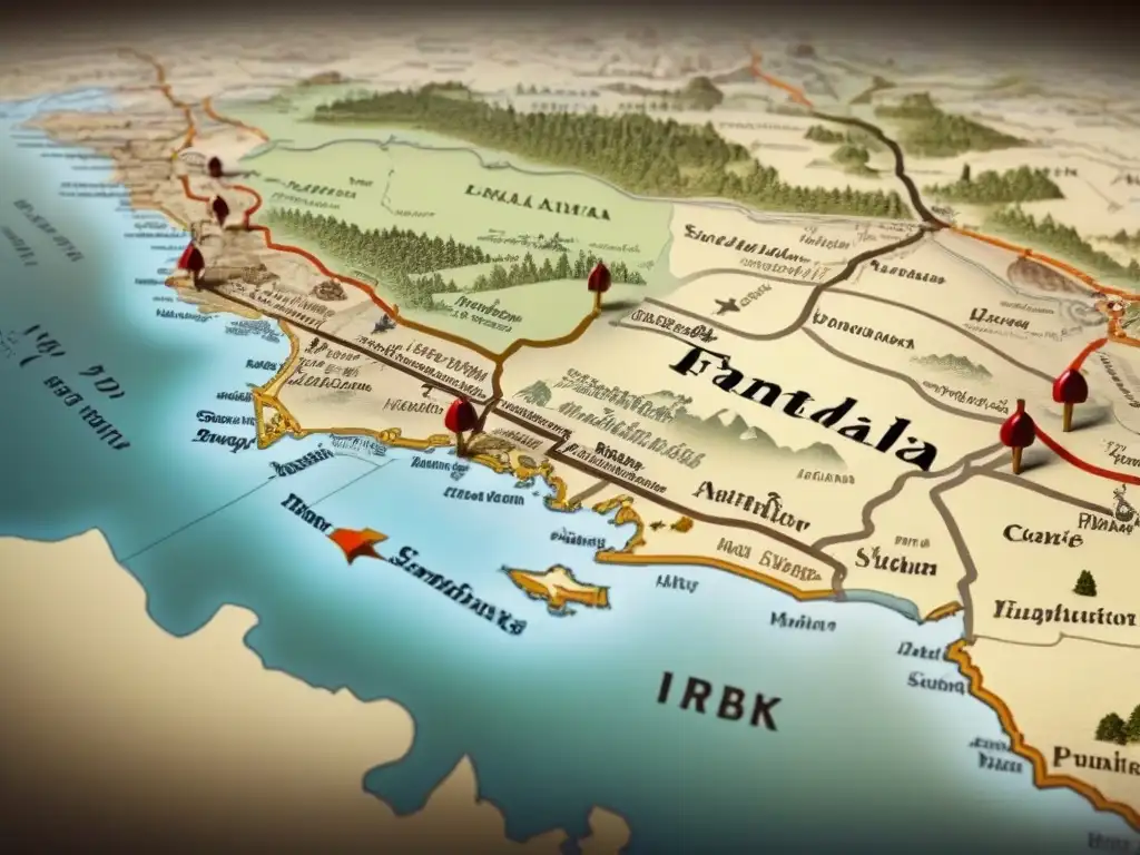 Un mapa vintage detallado con caligrafía muestra apellidos conectados a lugares históricos