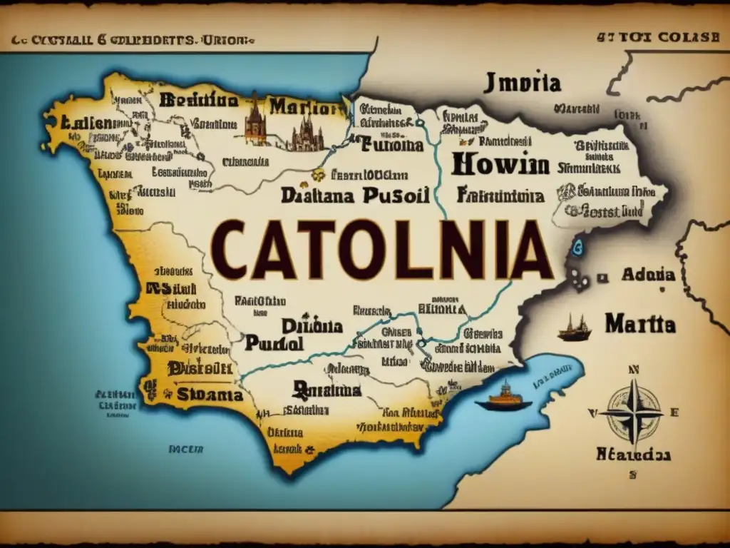 Mapa vintage detallado de Cataluña con caligrafía, símbolos tradicionales y el origen del apellido Pujol Cataluña