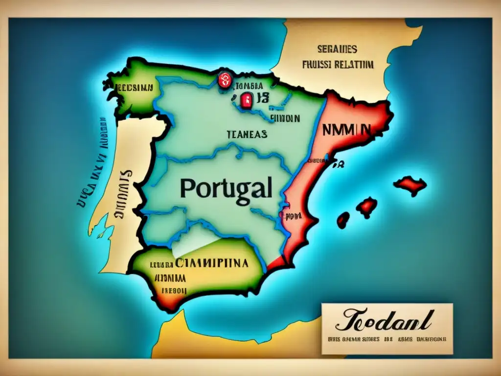 Mapa vintage detallado de España y Portugal con caligrafía elegante