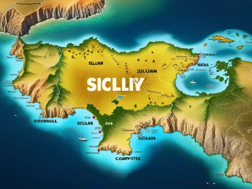 Un mapa vintage detallado de Sicilia, con caligrafía antigua y símbolos tradicionales, evocando el origen del apellido en Sicilia