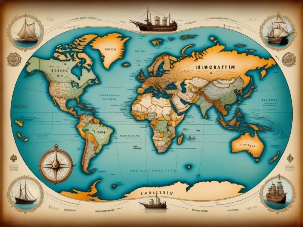 Un mapa vintage detallado rastreando los caminos de inmigración, con rutas marítimas, ciudades portuarias y barcos antiguos